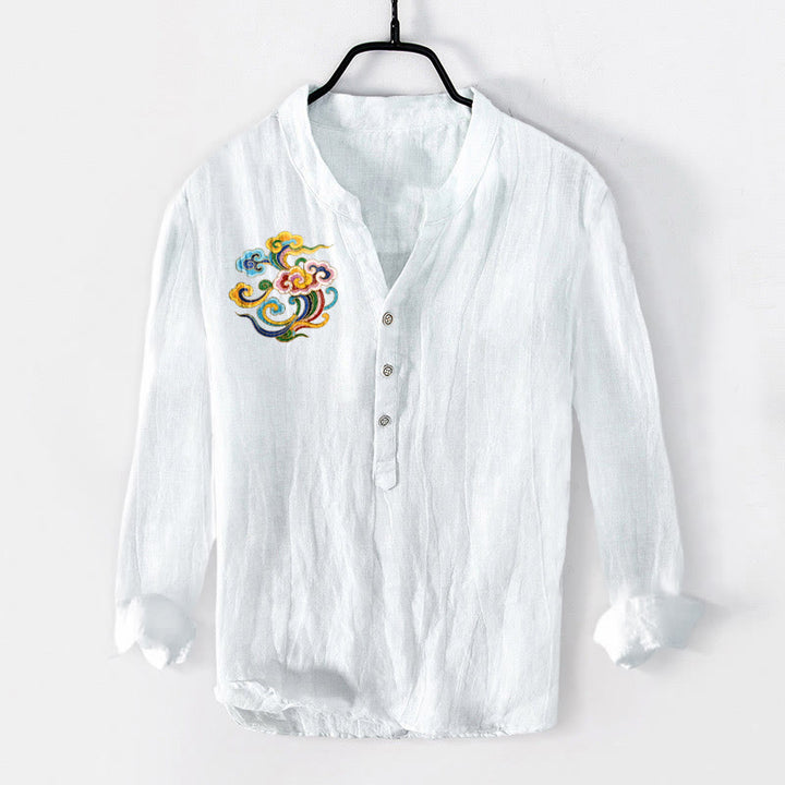 Camisa de manga larga para hombre, de algodón y lino, con estampado de nubes auspiciosas y Buddha Stones de colores, y botones a la mitad. - Blanco - US/UK/AU50, EU60 (5XL) - image 6