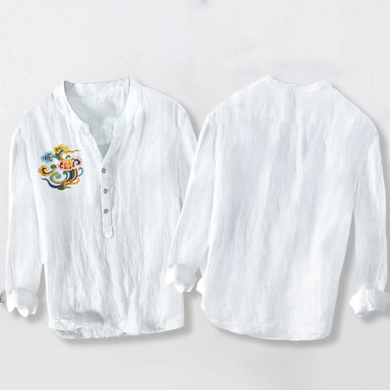 Camisa de manga larga para hombre, de algodón y lino, con estampado de nubes auspiciosas y Buddha Stones de colores, y botones a la mitad. - image 8