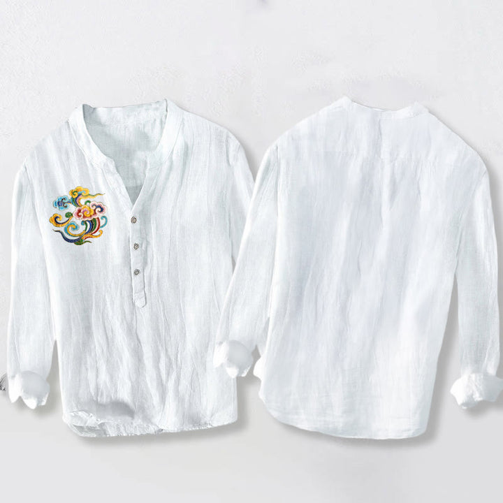 Camisa de manga larga para hombre, de algodón y lino, con estampado de nubes auspiciosas y Buddha Stones de colores, y botones a la mitad. - image 8