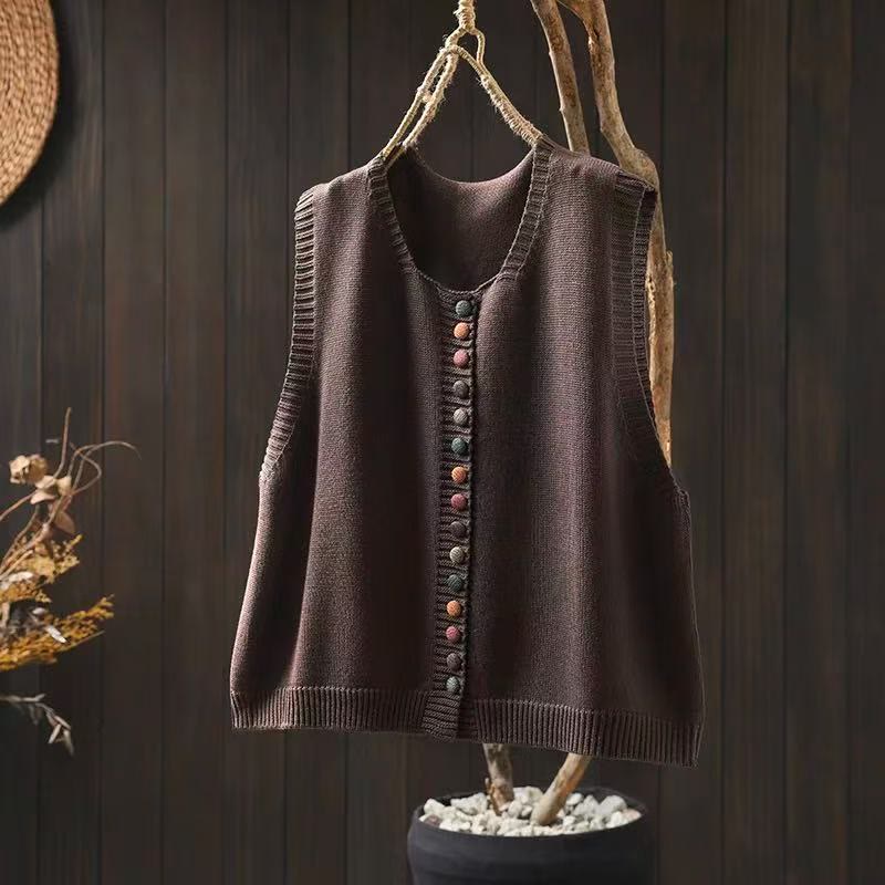 Chaleco sin mangas de punto de algodón para mujer con botones de colores y Buddha Stones - Marrón silla de montar - US4-6, UK/AU8-10, EU36-38 (F) - image 3