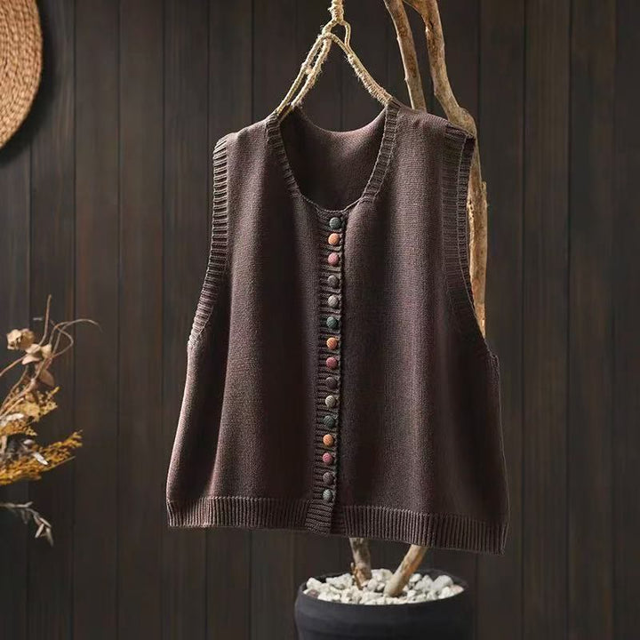 Chaleco sin mangas de punto de algodón para mujer con botones de colores y Buddha Stones - Marrón silla de montar - US4-6, UK/AU8-10, EU36-38 (F) - image 3