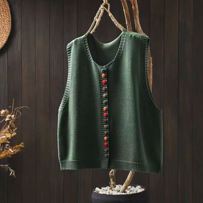 Chaleco sin mangas de punto de algodón para mujer con botones de colores y Buddha Stones - Verde - US4-6, UK/AU8-10, EU36-38 (F) - image 7