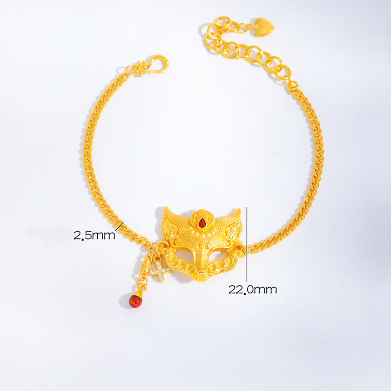 Pulsera con colgante de máscara de zorro de latón chapado en oro de 24k con Buddha Stones y cadena con borla - Latón (Circunferencia de la muñeca: 15-19 cm) - image 0