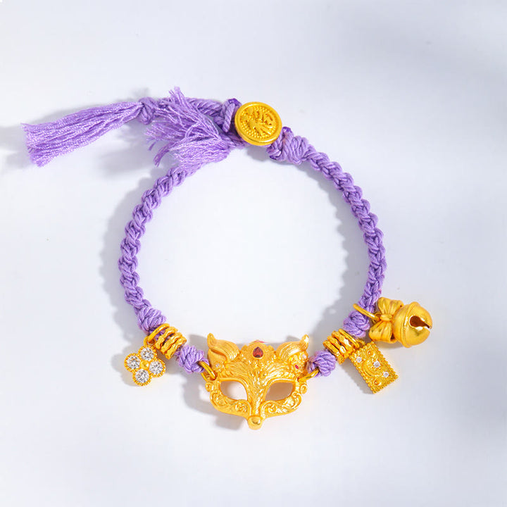 Pulsera de la suerte tejida con hilo morado, dije de campana de zorro con Buddha Stones y personaje Fu - Cordón (Circunferencia de la muñeca: 18-20 cm) - image 1