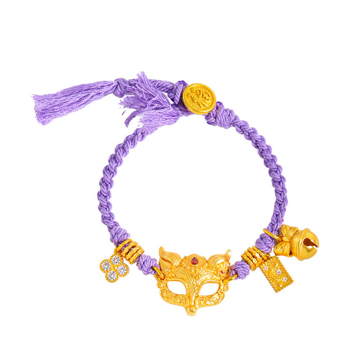 Pulsera de la suerte tejida con hilo morado, con dije de campana de zorro de latón chapado en oro de 24k y Buddha Stones. - image 5