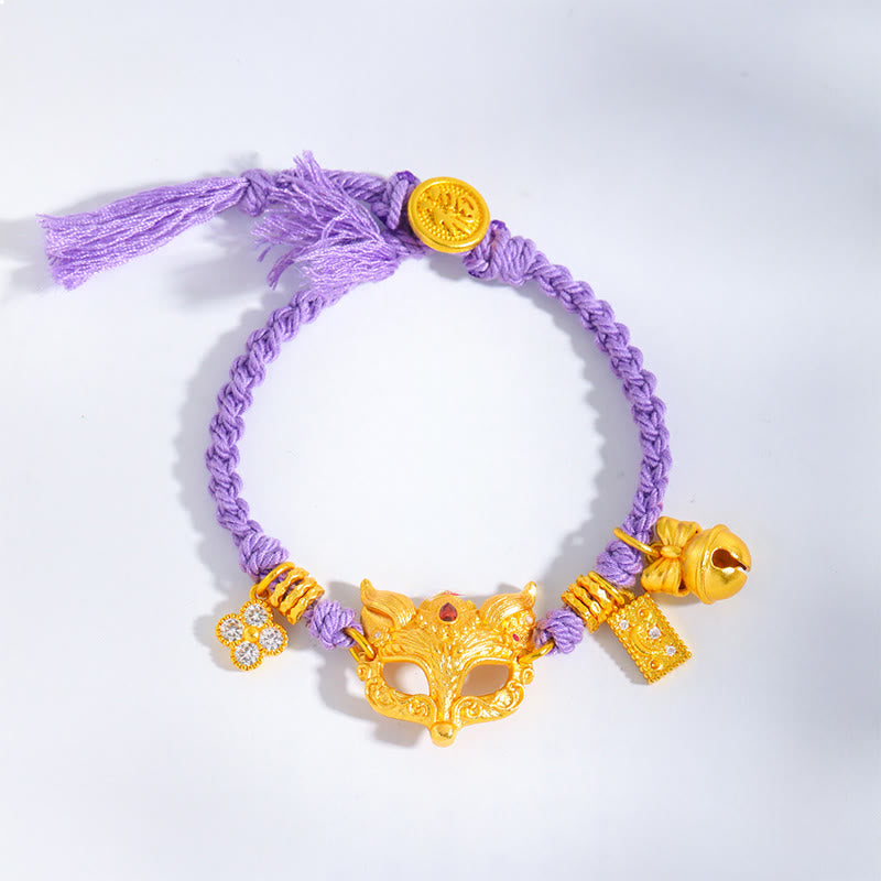 Pulsera de la suerte tejida con hilo morado, con dije de campana de zorro de latón chapado en oro de 24k y Buddha Stones. - Cordón (Circunferencia de la muñeca: 18-20 cm) - image 1