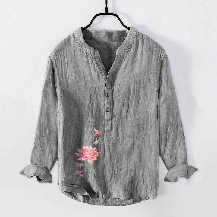 Camisa de manga larga para hombre, de algodón y lino, con estampado de Buddha Stones, colores suaves, loto y peces koi, y botones a la mitad. - Gris - US/UK/AU50, EU60 (5XL) - image 0