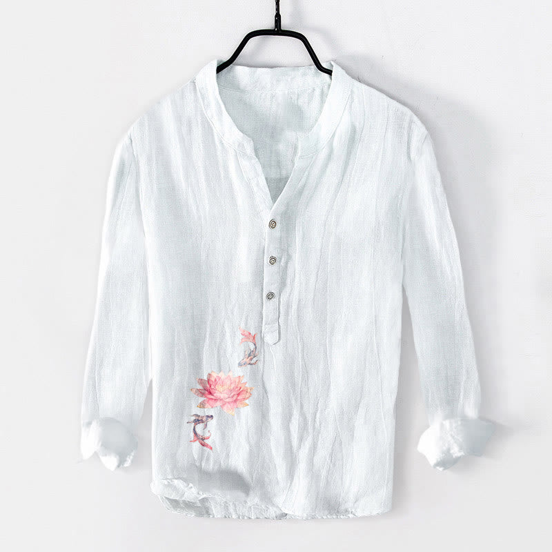 Camisa de manga larga para hombre, de algodón y lino, con estampado de Buddha Stones, colores suaves, loto y peces koi, y botones a la mitad. - Blanco - US/UK/AU50, EU60 (5XL) - image 6