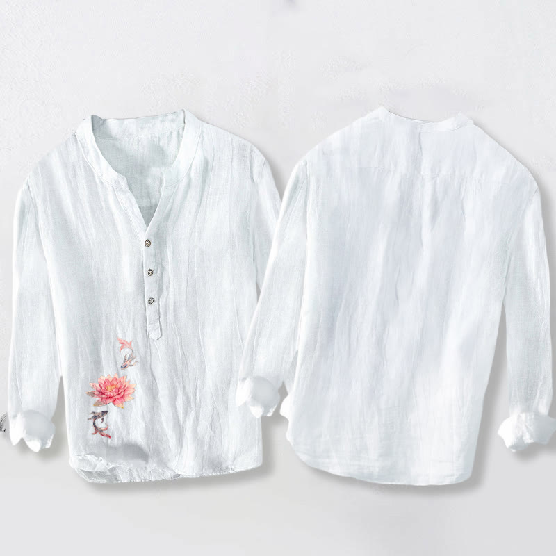 Camisa de manga larga para hombre, de algodón y lino, con estampado de Buddha Stones, colores suaves, loto y peces koi, y botones a la mitad. - image 8