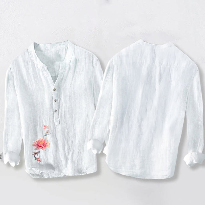 Camisa de manga larga para hombre, de algodón y lino, con estampado de Buddha Stones, colores suaves, loto y peces koi, y botones a la mitad. - image 8