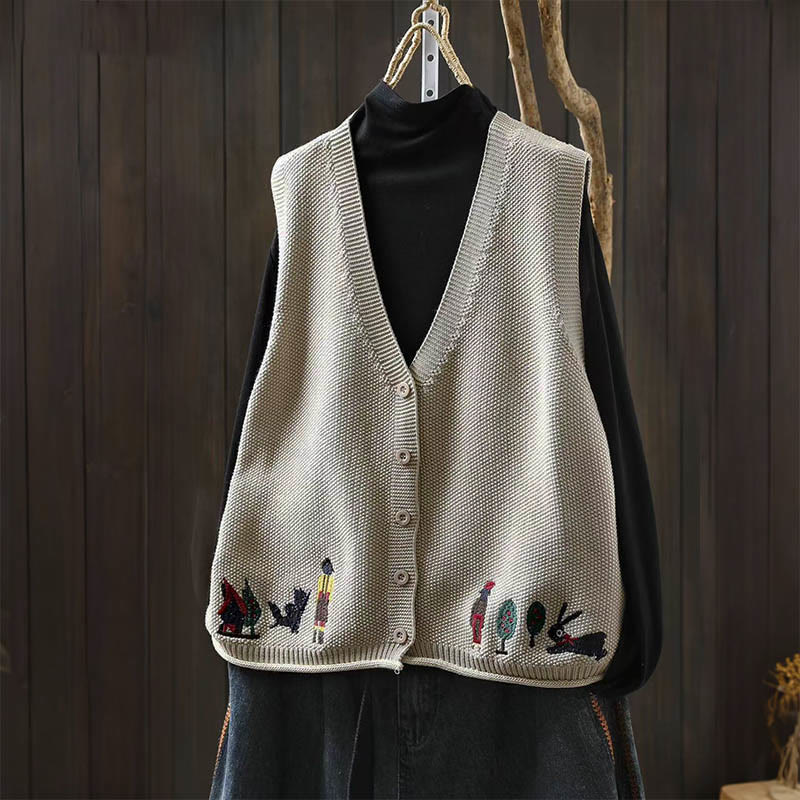 Chaleco sin mangas de algodón tejido para mujer con bordado de figuras de Buddha Stones, piedras, conejo y árbol. - Beige - US4-6, UK/AU8-10, EU36-38 (F) - image 0