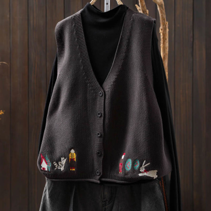 Chaleco sin mangas de algodón tejido para mujer con bordado de figuras de Buddha Stones, piedras, conejo y árbol. - Gris - US4-6, UK/AU8-10, EU36-38 (F) - image 18