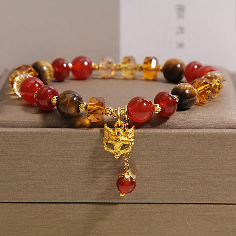 Pulsera de cuentas con dije de zorro, ojo de tigre y Buddha Stones. - Ágata roja (Circunferencia de la muñeca: 14-19 cm) - image 0