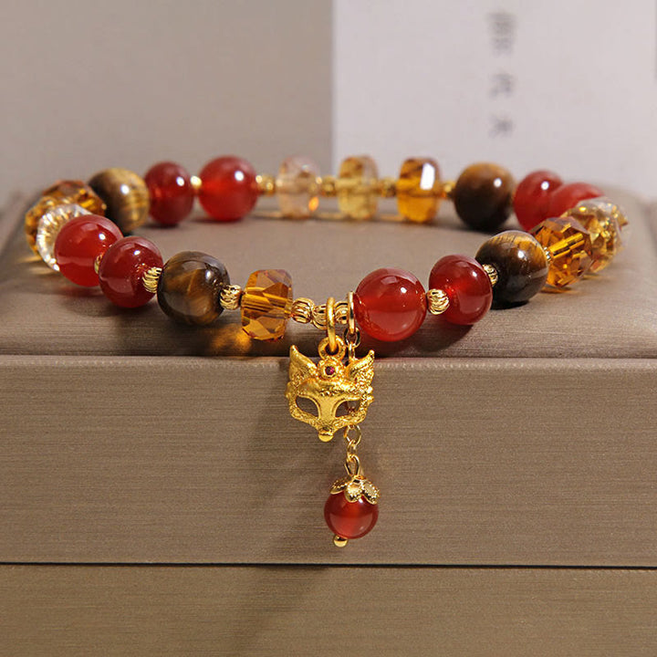 Pulsera de cuentas con dije de zorro, ojo de tigre y Buddha Stones. - Ágata roja (Circunferencia de la muñeca: 14-19 cm) - image 0