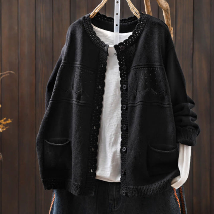 Cárdigan de punto de manga larga para mujer, con botones de encaje y estampado de Buddha Stones, de algodón, con bolsillos. - Negro - US4-6, UK/AU8-10, EU36-38 (F) - image 23