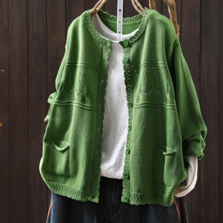 Cárdigan de punto de manga larga para mujer, con botones de encaje y estampado de Buddha Stones, de algodón, con bolsillos. - Verde pálido - US4-6, UK/AU8-10, EU36-38 (F) - image 20