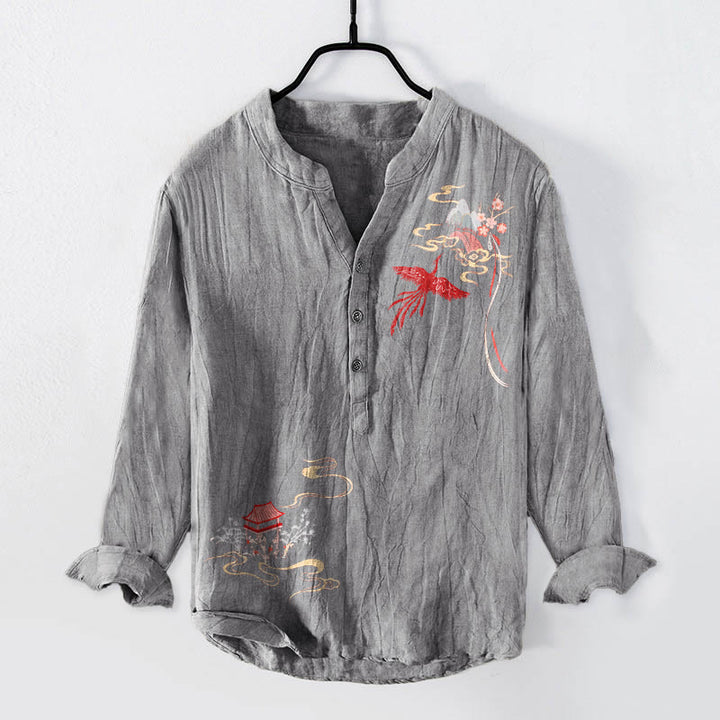 Camisa de manga larga para hombre, de algodón y lino, con estampado de Buddha Stones, pabellones de fénix y nubes, y botones a la mitad. - Gris - US/UK/AU50, EU60 (5XL) - image 0