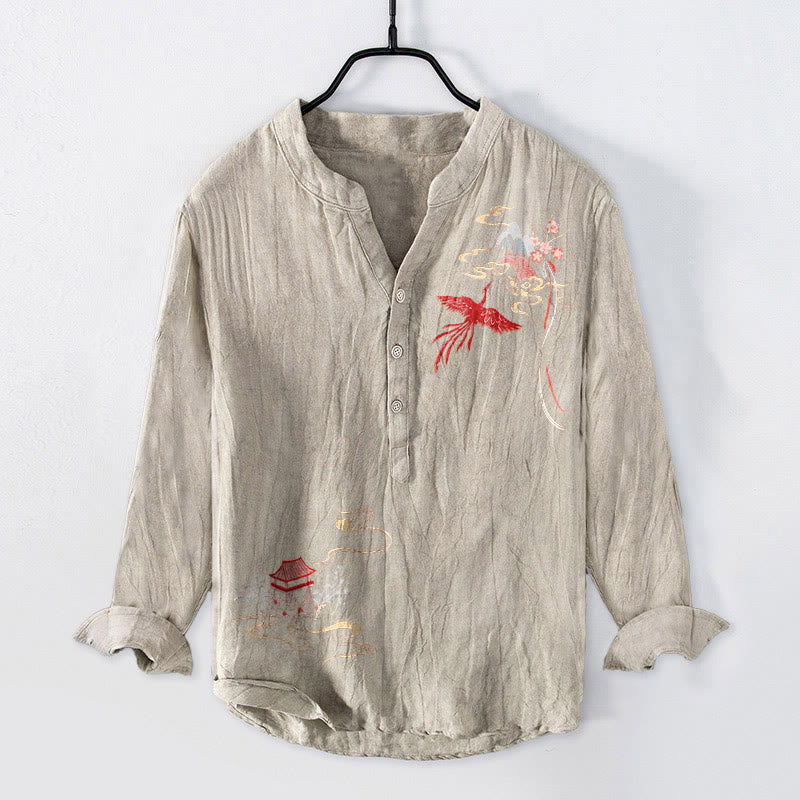 Camisa de manga larga para hombre, de algodón y lino, con estampado de Buddha Stones, pabellones de fénix y nubes, y botones a la mitad. - Lino - US/UK/AU50, EU60 (5XL) - image 3