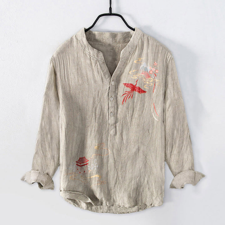 Camisa de manga larga para hombre, de algodón y lino, con estampado de Buddha Stones, pabellones de fénix y nubes, y botones a la mitad. - Lino - US/UK/AU50, EU60 (5XL) - image 3