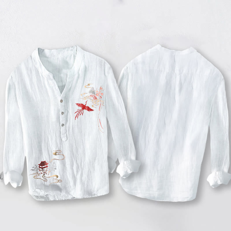 Camisa de manga larga para hombre, de algodón y lino, con estampado de Buddha Stones, pabellones de fénix y nubes, y botones a la mitad. - image 8