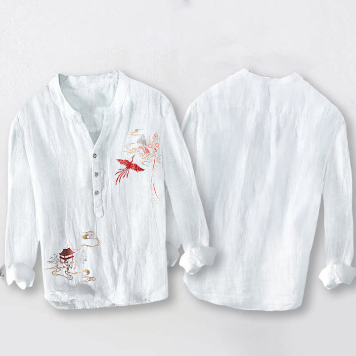 Camisa de manga larga para hombre, de algodón y lino, con estampado de Buddha Stones, pabellones de fénix y nubes, y botones a la mitad. - image 8