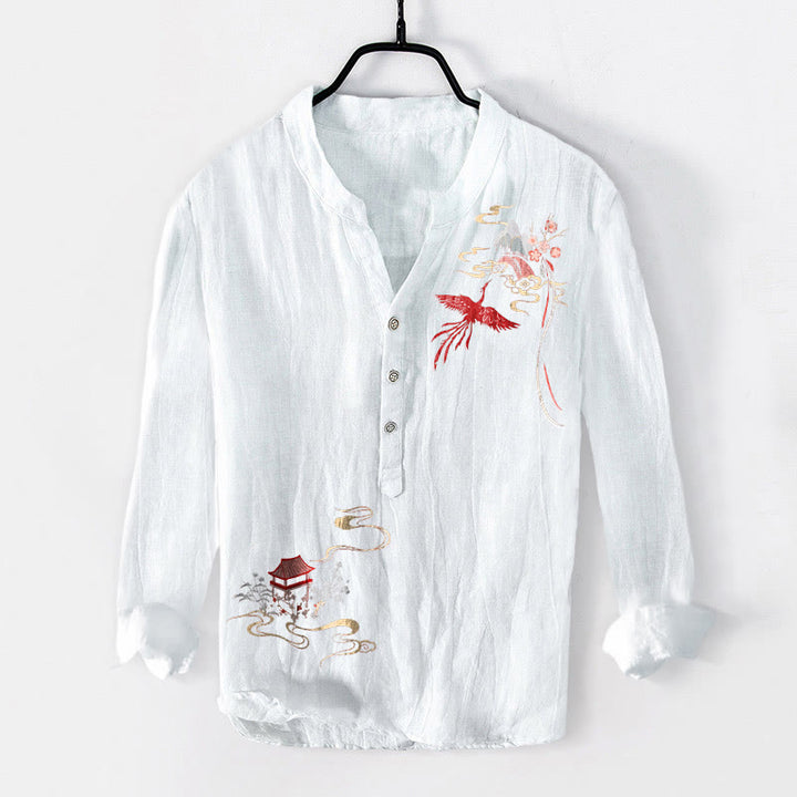 Camisa de manga larga para hombre, de algodón y lino, con estampado de Buddha Stones, pabellones de fénix y nubes, y botones a la mitad. - Blanco - US/UK/AU50, EU60 (5XL) - image 6
