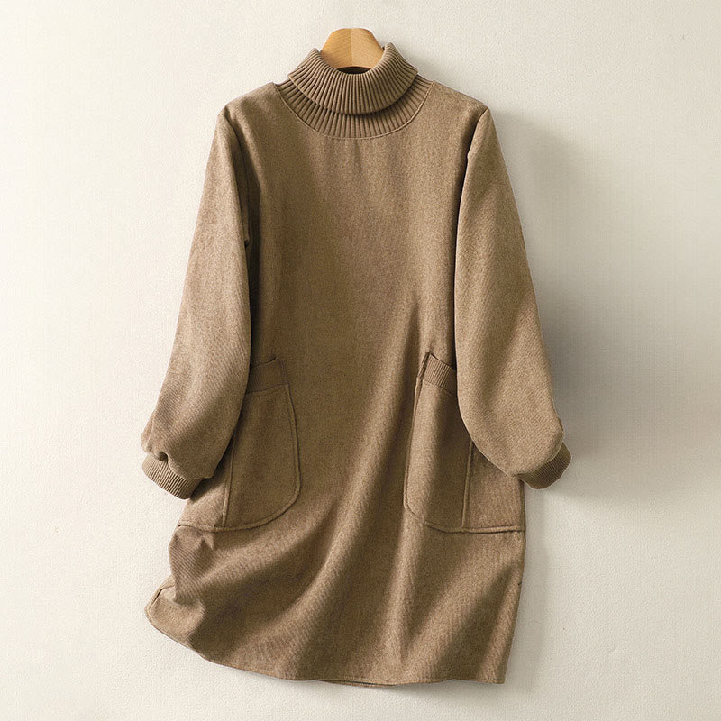 Vestido midi de manga larga para mujer, de algodón cálido, cuello alto y con bolsillos , Buddha Stones. - Madera burda - US14，UK/AU18，EU46 (2XL) - image 1