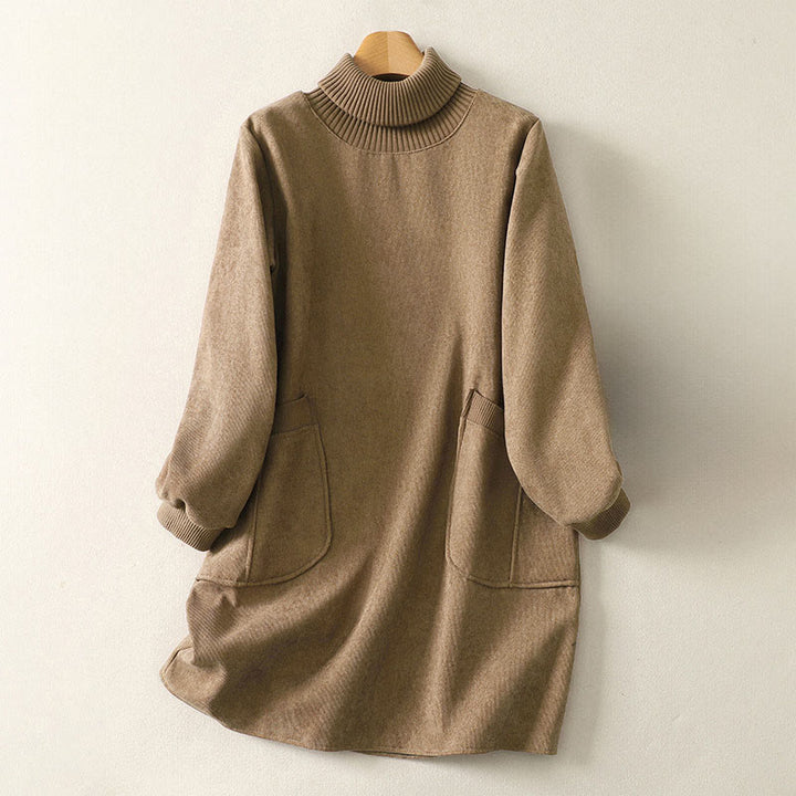 Vestido midi de manga larga para mujer, de algodón cálido, cuello alto y con bolsillos , Buddha Stones. - Madera burda - US14，UK/AU18，EU46 (2XL) - image 1