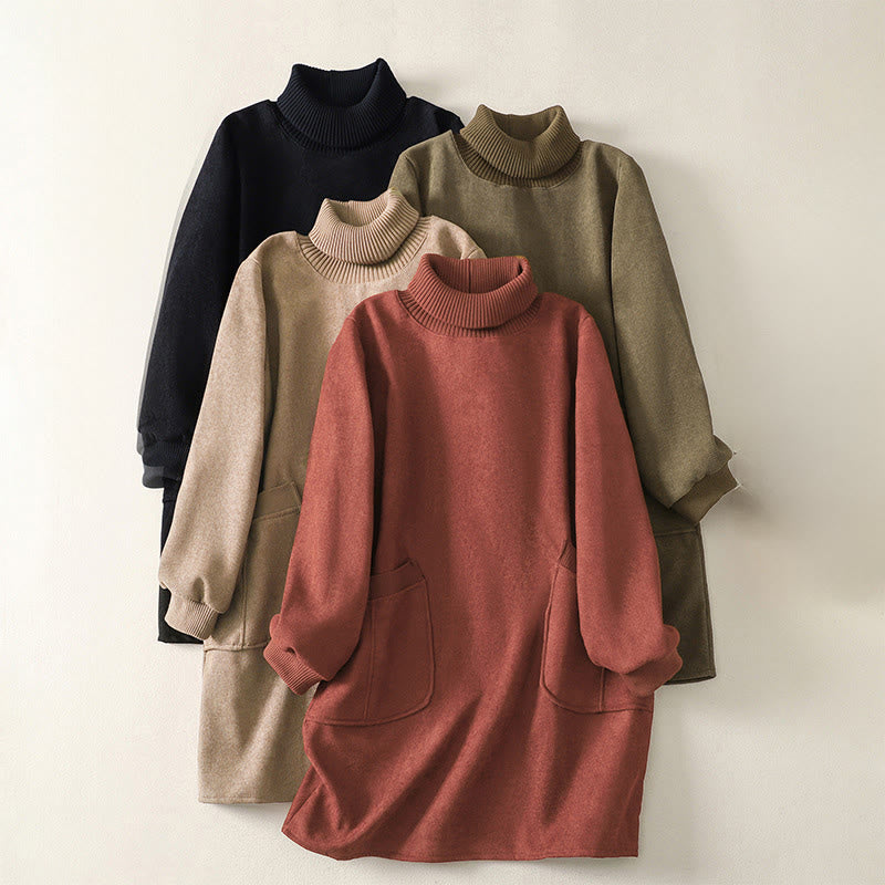 Vestido midi de manga larga para mujer, de algodón cálido, cuello alto y con bolsillos , Buddha Stones. - image 0