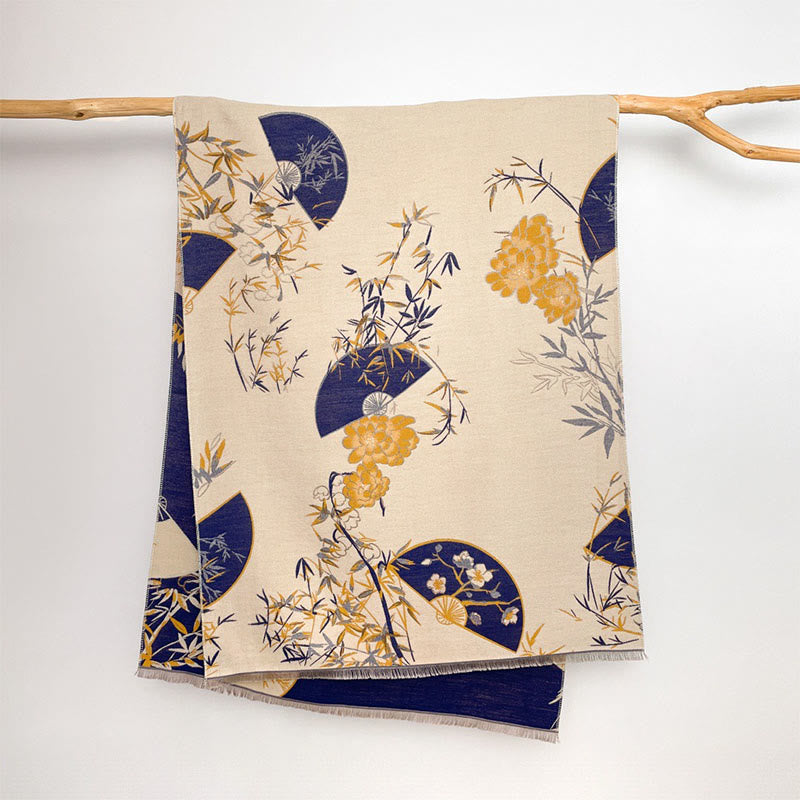 Bufanda/chal acogedor con estampado de flores de peonía, abanico de invierno con Buddha Stones y bambú - image 1