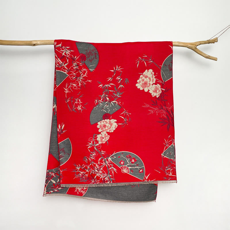 Bufanda/chal acogedor con estampado de flores de peonía, abanico de invierno con Buddha Stones y bambú - Rojo - 180 x 65 cm - image 4