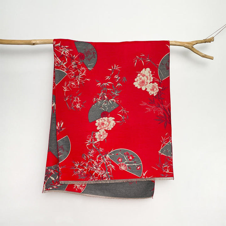 Bufanda/chal acogedor con estampado de flores de peonía, abanico de invierno con Buddha Stones y bambú - Rojo - 180 x 65 cm - image 4