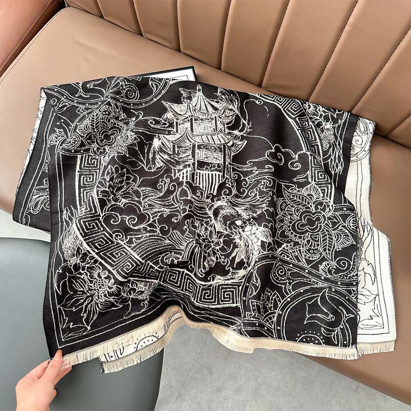 Bufanda/chal acogedor con estampado de Buddha Stones, pabellón de otoño, peces koi, flores y olas - Negro - 180 x 65 cm - image 4