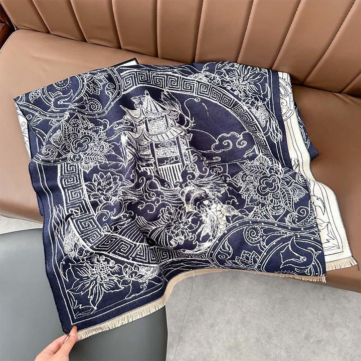 Bufanda/chal acogedor con estampado de Buddha Stones, pabellón de otoño, peces koi, flores y olas - Azul acero - 180 x 65 cm - image 9