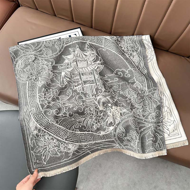 Bufanda/chal acogedor con estampado de Buddha Stones, pabellón de otoño, peces koi, flores y olas - image 2