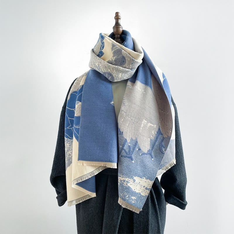 Bufanda/chal suave con estampado de Buddha Stones, cigüeñas, pájaros y flores de loto en invierno. - image 10