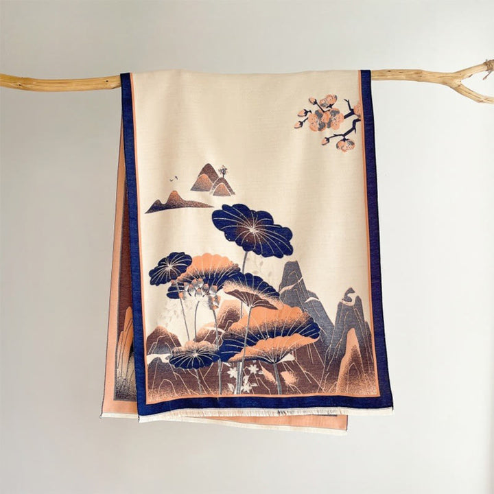Bufanda/chal suave con estampado de hojas y flores de loto de montaña invernal con Buddha Stones - Marina de guerra - 180 x 65 cm - image 13