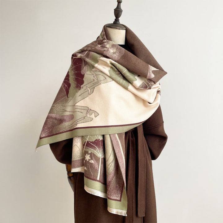 Bufanda/chal suave con estampado de hojas y flores de loto de montaña invernal con Buddha Stones - image 4