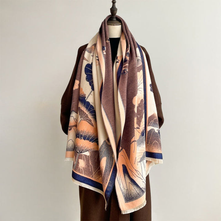 Bufanda/chal suave con estampado de hojas y flores de loto de montaña invernal con Buddha Stones - image 14
