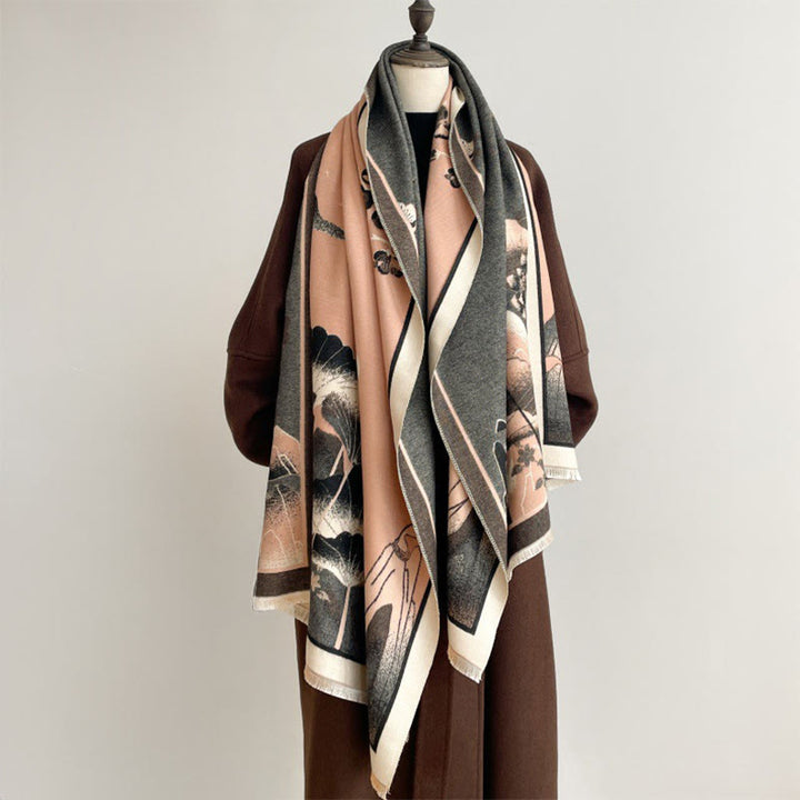 Bufanda/chal suave con estampado de hojas y flores de loto de montaña invernal con Buddha Stones - image 2