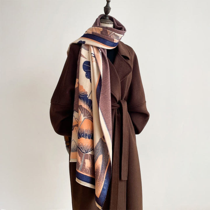 Bufanda/chal suave con estampado de hojas y flores de loto de montaña invernal con Buddha Stones - image 15