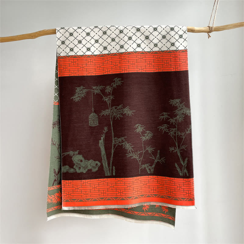 Bufanda/chal acogedor con estampado de pajaritos y hojas de bambú de invierno con Buddha Stones - image 11