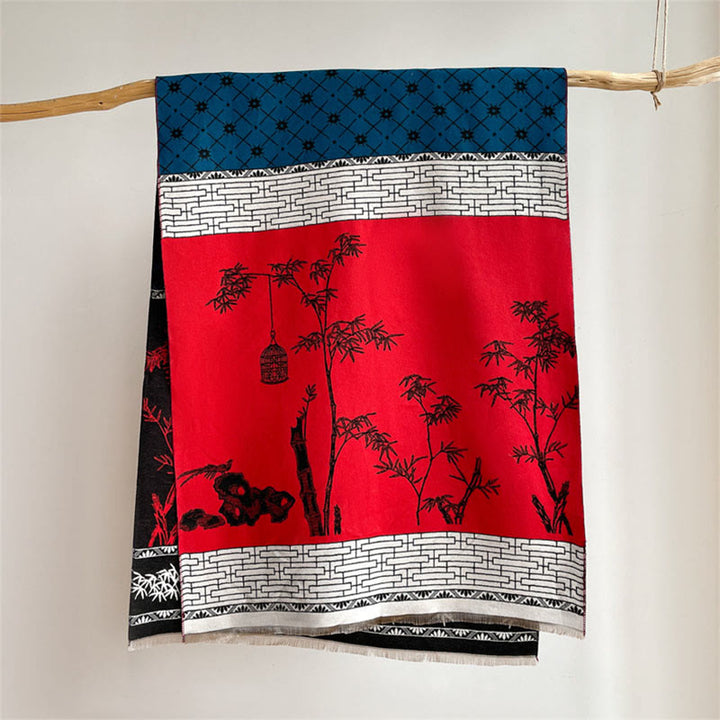 Bufanda/chal acogedor con estampado de pajaritos y hojas de bambú de invierno con Buddha Stones - image 8