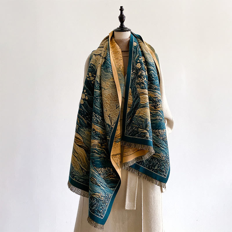 Bufanda/chal acogedor con estampado de Buddha Stones , degradado de color invernal, cálidas colinas y árboles. - image 3
