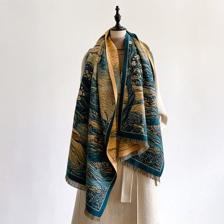 Bufanda/chal acogedor con estampado de Buddha Stones , degradado de color invernal, cálidas colinas y árboles. - image 3