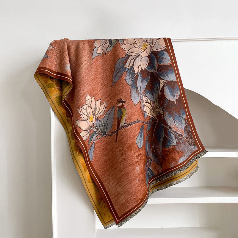 Bufanda/chal cálido y acogedor con estampado de Buddha Stones, flores de magnolia blancas de invierno y pajaritos - Coral - 185*65 cm - image 8