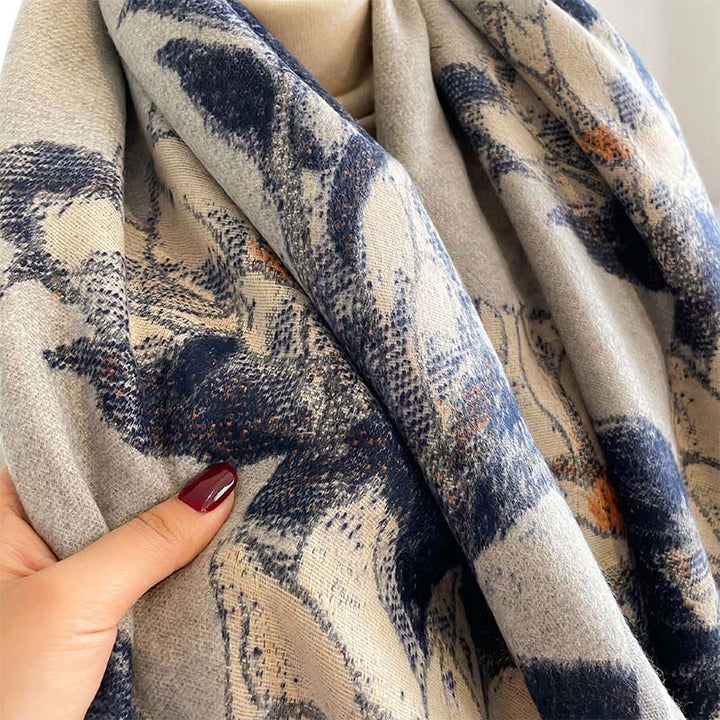 Bufanda/chal cálido y acogedor con estampado de Buddha Stones, flores de magnolia blancas de invierno y pajaritos - image 13