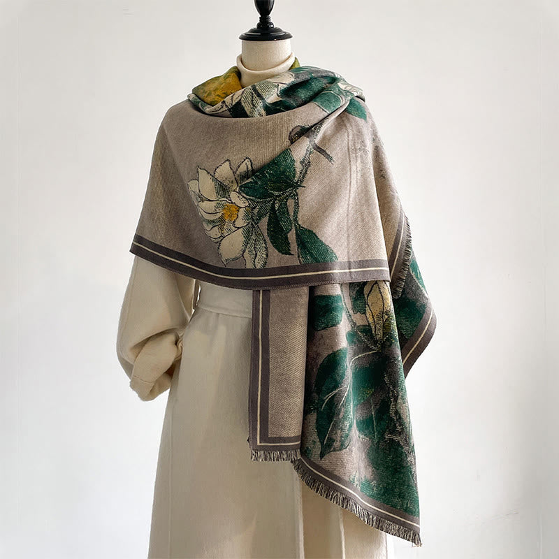 Bufanda/chal cálido y acogedor con estampado de Buddha Stones, flores de magnolia blancas de invierno y pajaritos - cian oscuro - 185*65 cm - image 0