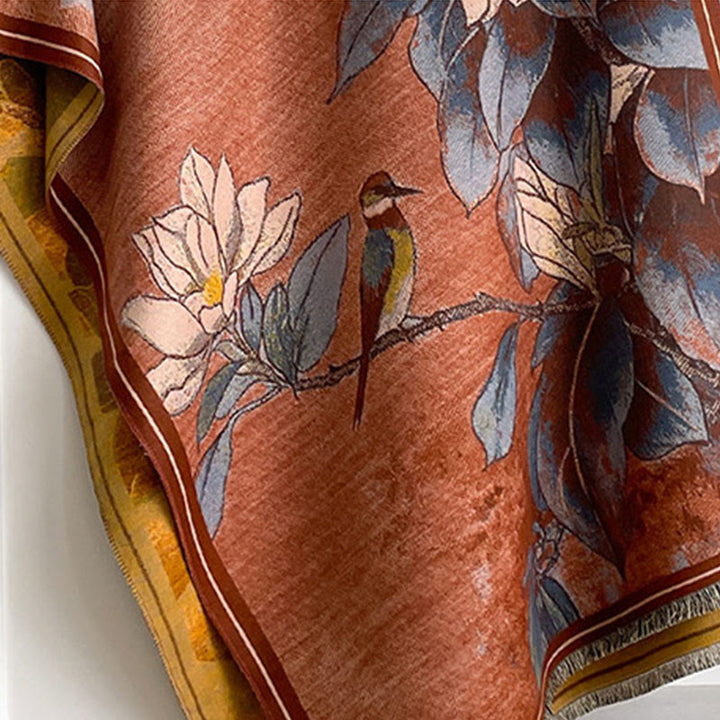 Bufanda/chal cálido y acogedor con estampado de Buddha Stones, flores de magnolia blancas de invierno y pajaritos - image 5