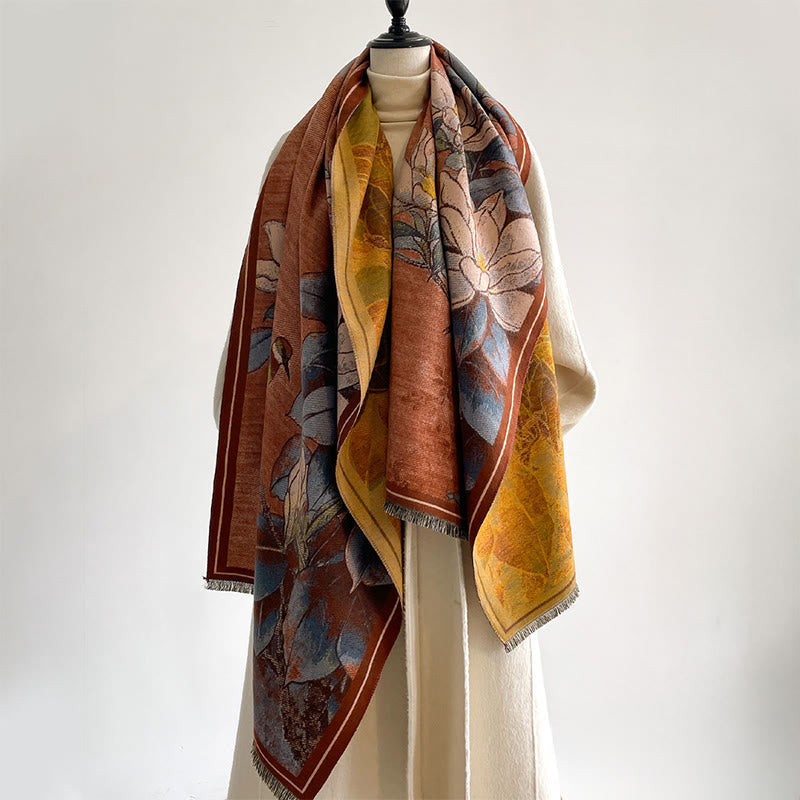 Bufanda/chal cálido y acogedor con estampado de Buddha Stones, flores de magnolia blancas de invierno y pajaritos - image 10